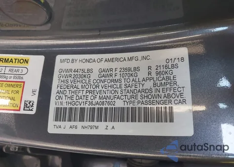 2018 Honda Accord Sport z USA, uszkodzony, nr VIN 1HGCV1F36JA087602